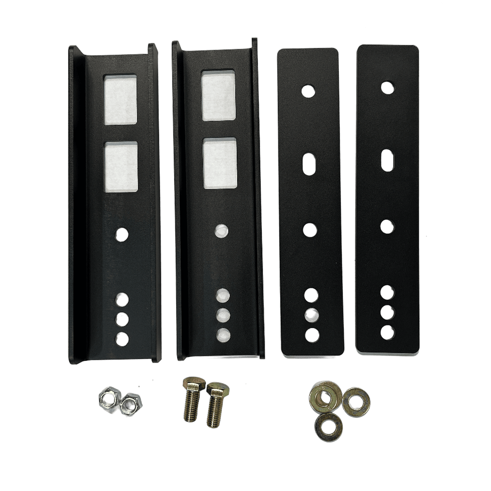 Set of black metal 2023+ Super Duty Rear Sway Bar Relocation Kit, For 2" - 4.5" of Lift with screws on a white background