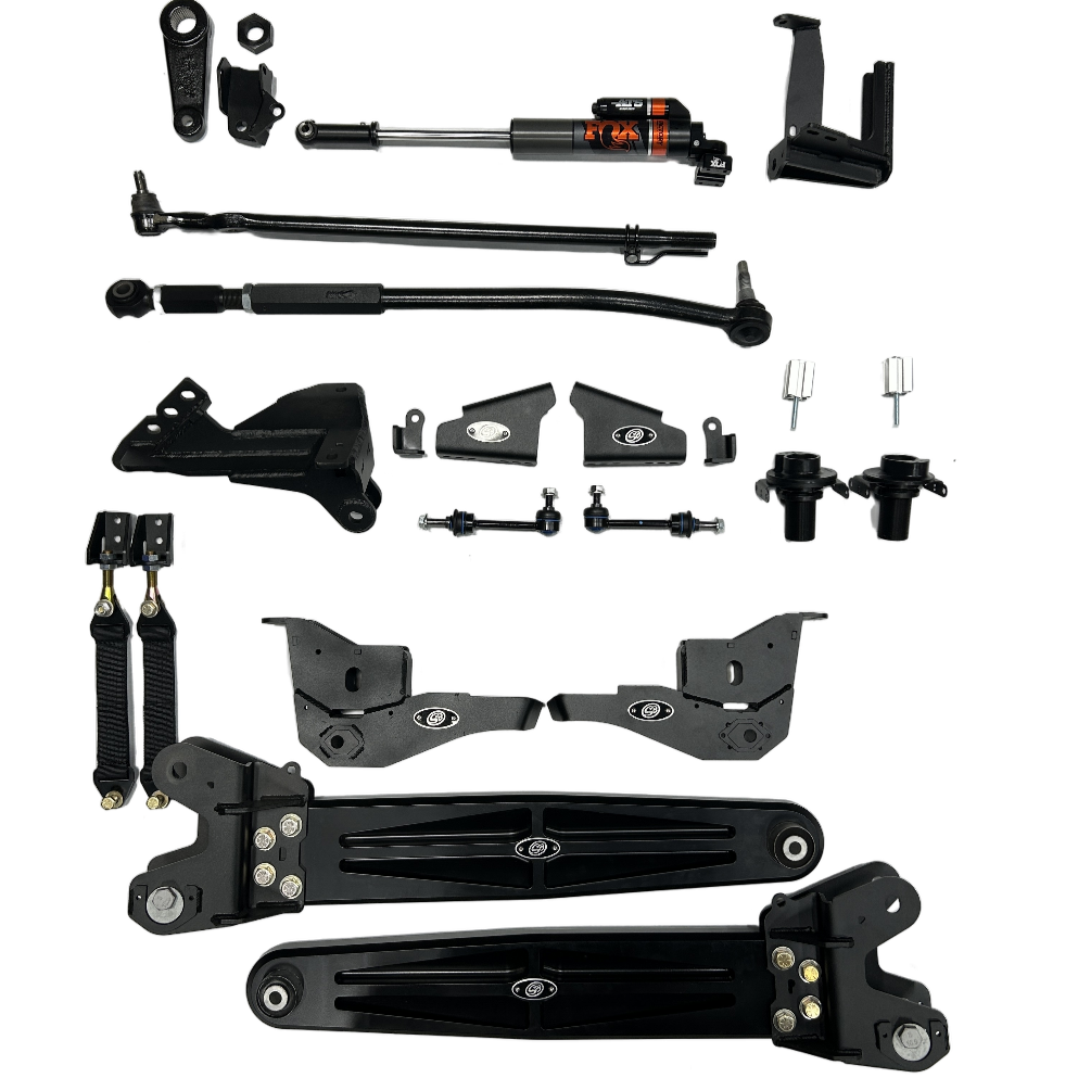 Collection of black mechanical parts on a white background