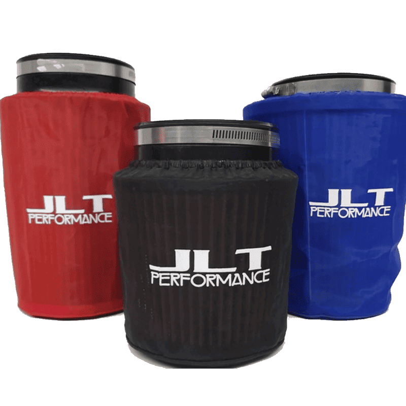 Three air filter wraps in red, blue, and black colors with the JLT Performance logo on each.