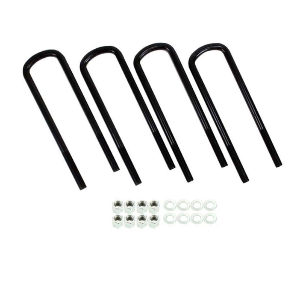 A set of four black S&B Thread U-Bolt Kit with accompanying washers and nuts laid out on a white background.