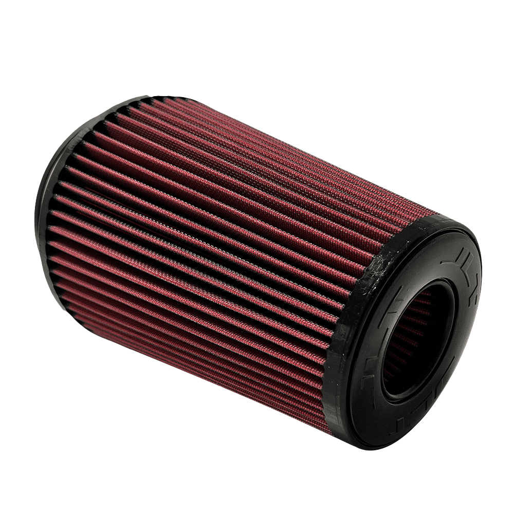 A red air filter JLT Intake Replacement Filter 6" X 9" with a black top and bottom.