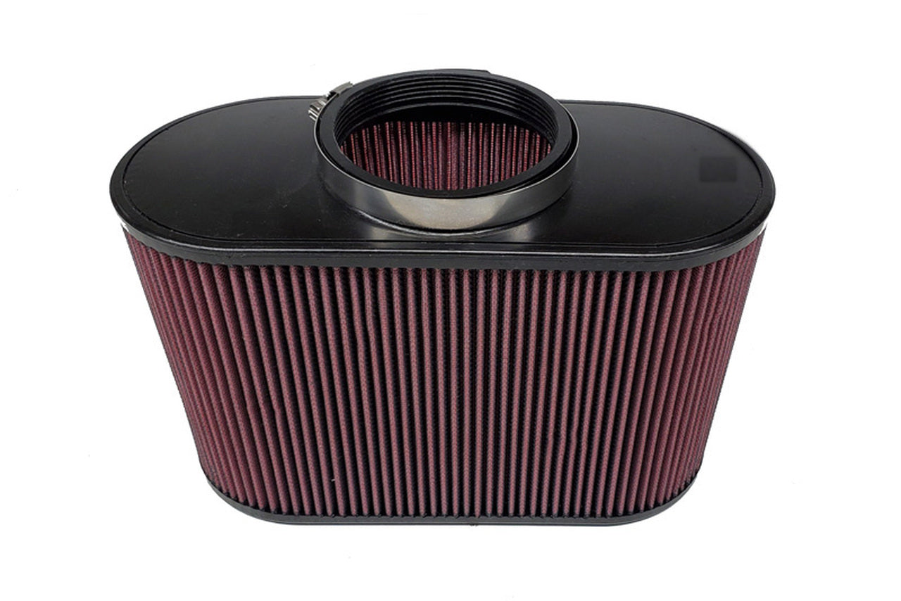 A black and red oval-shaped JLT Intake Replacement Filter 4" X 12" Oval (No Hole)
