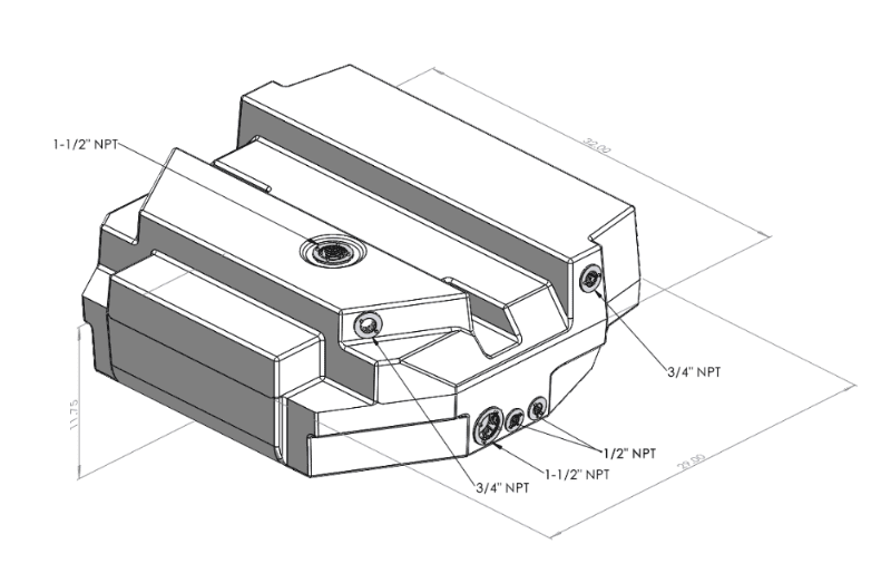 Technical drawing of a 35 Gallon Spare Tire Replacement Fresh/Grey Water Tank 2007-2025 Mercedes Sprinter 144" & 170"  with dimensions