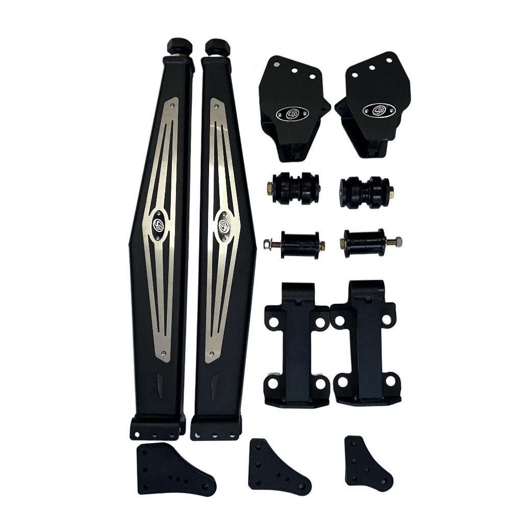 A set of black metal suspension or lift components arranged on a plain white background