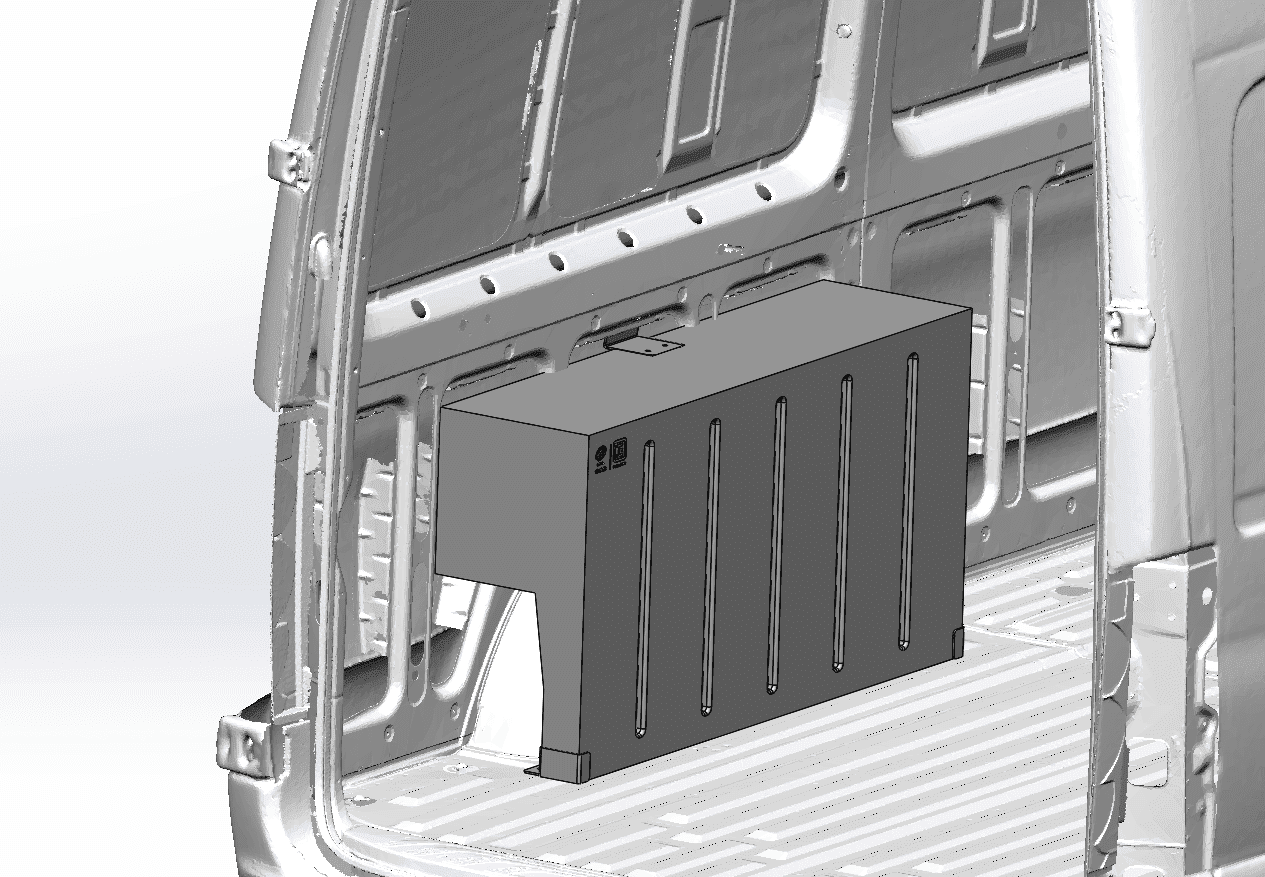 Diagram of an SB Filters 30 Gallon Wheel Well Water Tank (Both Sides) inside a van