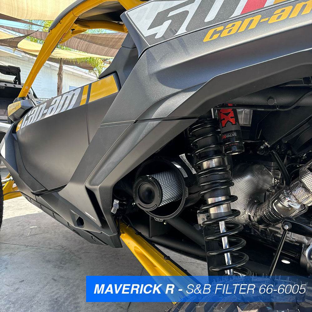 REPLACEMENT FILTER FOR 2017-2025 CAN-AM MAVERICK X3, 2024 MAVERICK R, 2021-2025 COMMANDER, SPORT 1000R installed in a car- S&B