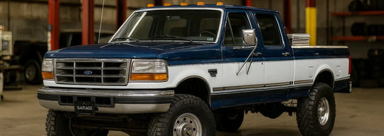 
  Blue and white Powerstroke truck
