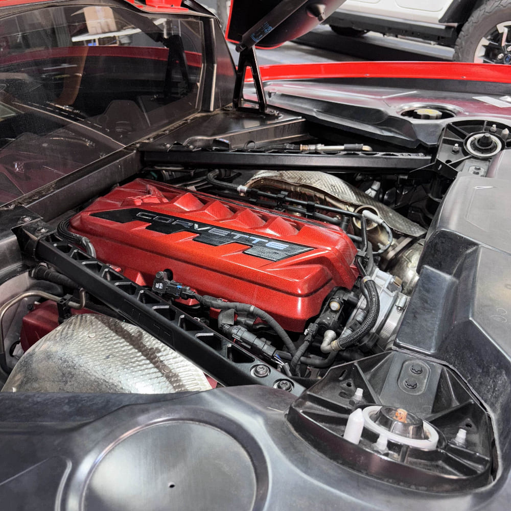 Close up of a JLT Billet Strut Tower Brace for 2020-2025 C8 Corvette, 2023-2025 C8 Z06 - S&B