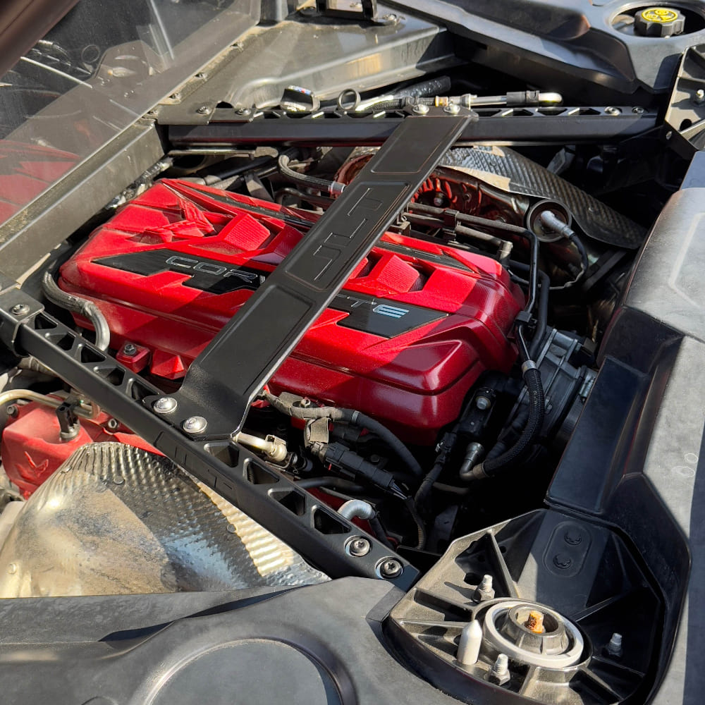 JLT Billet Strut Tower Brace for 2020-2025 C8 Corvette, 2023-2025 C8 Z06 - S&B installed in the engine compartment of a vehicle.
