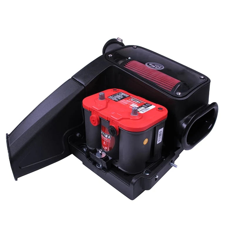 Cold Air Intake for 1998-2003 Ford Powerstroke 7.3L and a red battery on a white background