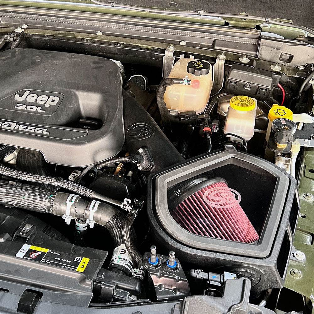Cold Air Intake for 2020-2023 Jeep Wrangler / Gladiator 3.0L Ecodiesel - S&B  installed in the engine compartment of a vehicle
