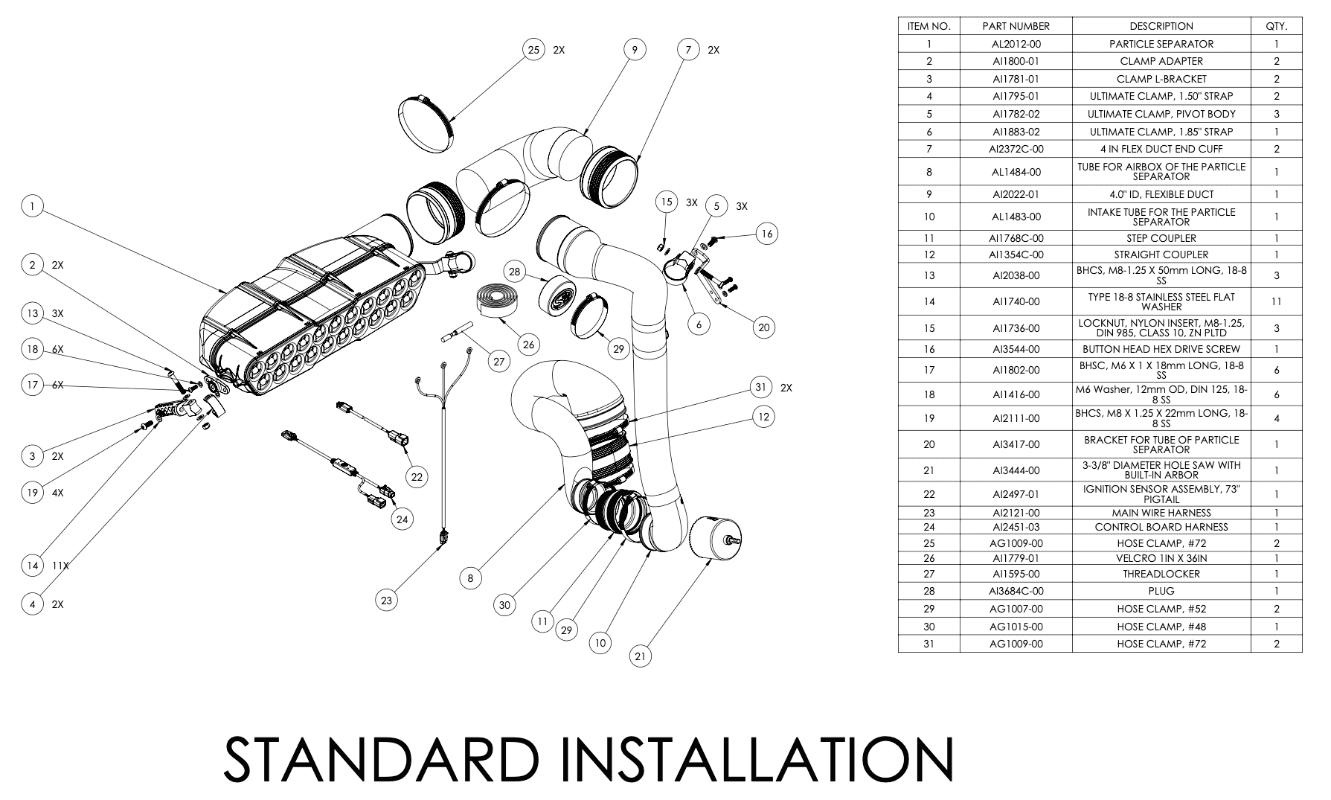 Technical diagram of a mechanical installation with parts labeled and a list on the right.