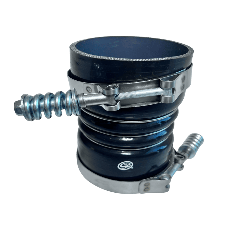 Close up of a Set of black S&B 4"x 6" Intercooler Boot Kit With Clamps (Set of 4) on a white background