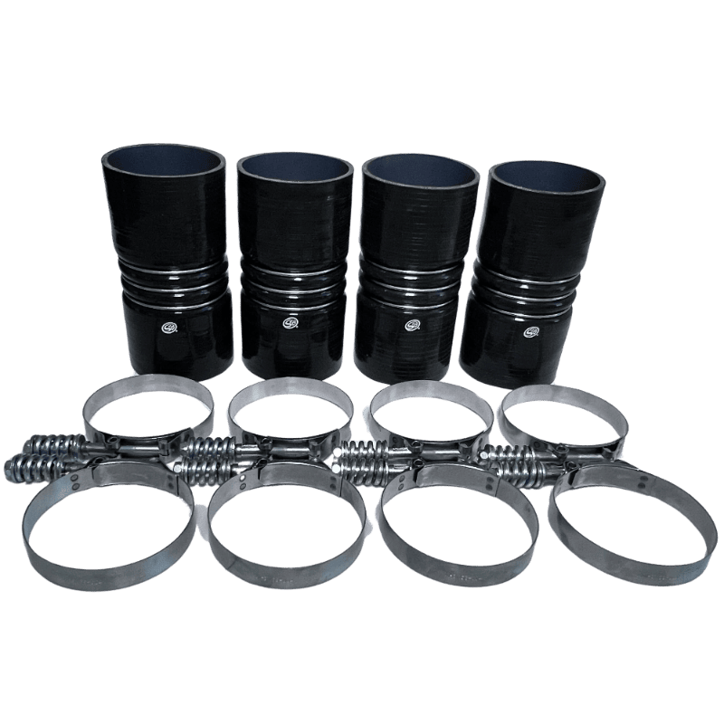 Set of black S&B 4"x 8" Intercooler Boot Kit with Clamps (Set of 4) on a white background