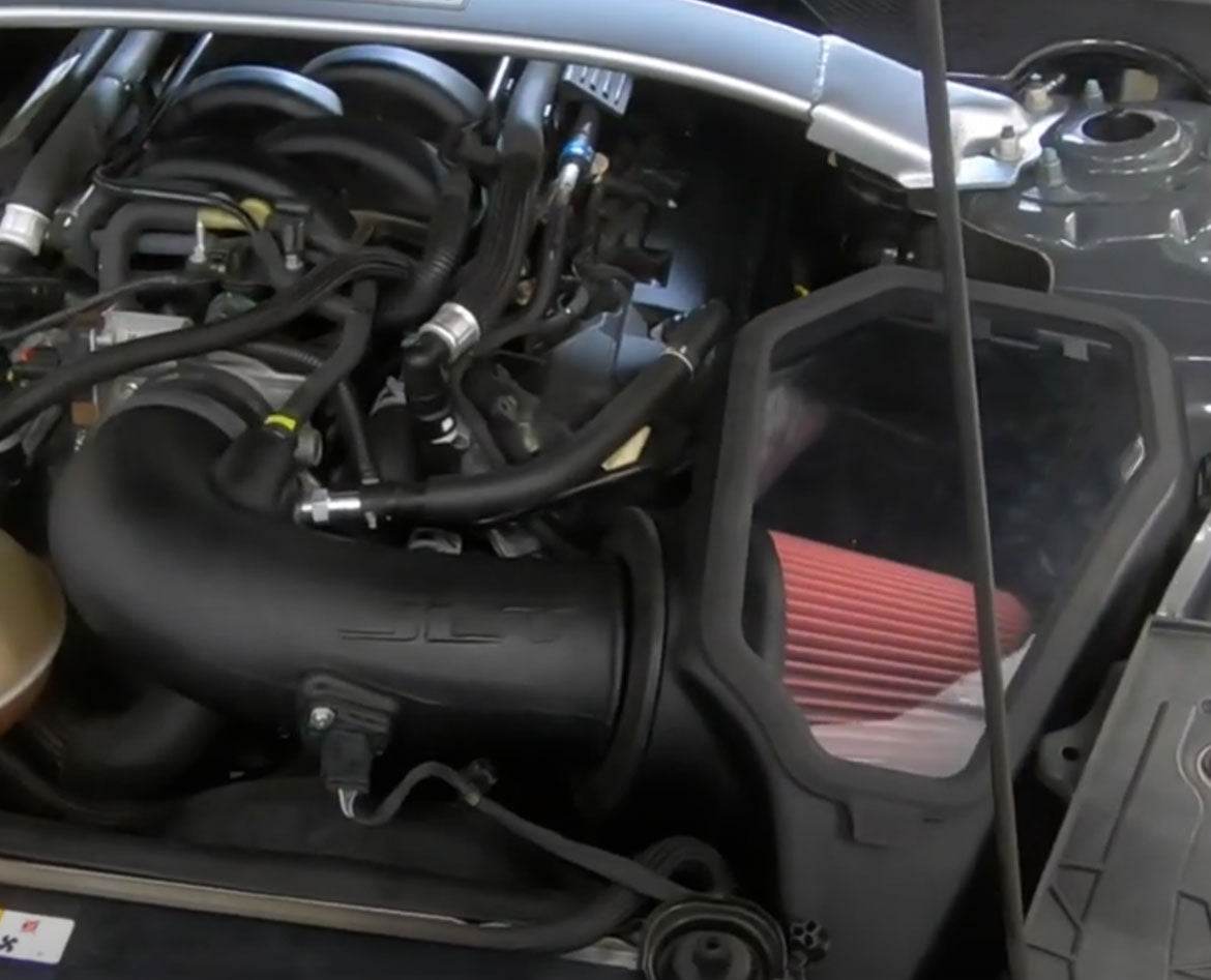 JLT Cold Air Intake with Snap-In Lid for 2015-2020 Ford Mustang GT350 5.2L - NO TUNE REQUIRED - S&B installed in the engine compartment of a vehicle
