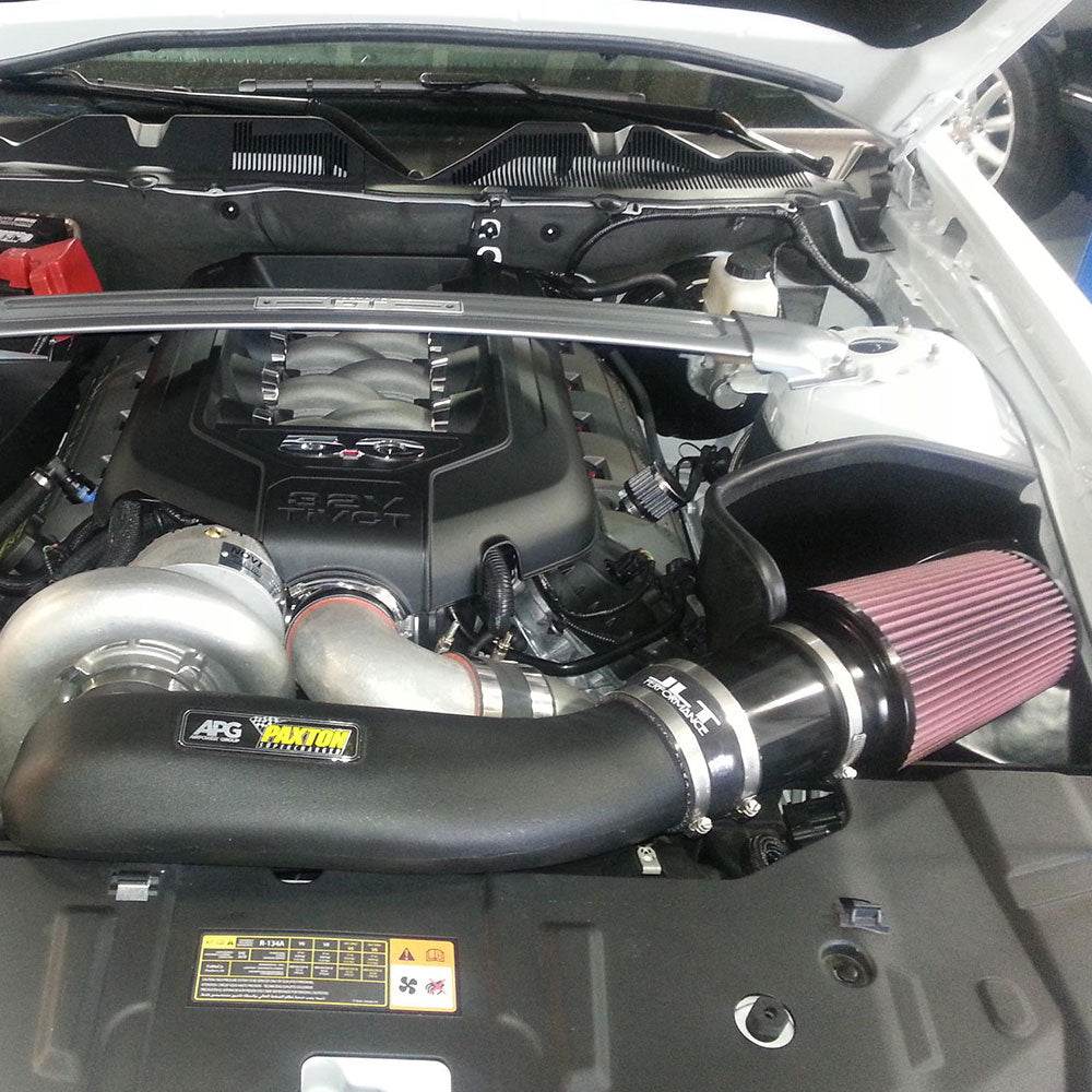 JLT Air Box-Blow Through for 2011-2014 Ford Mustang GT with Vortech or Paxton Supercharger installed in the engine compartment of a vehicle
- S&B