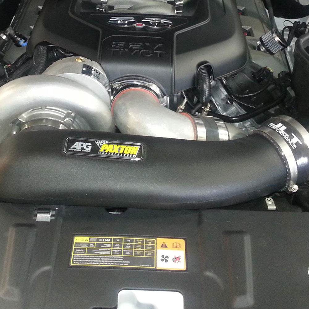 JLT Air Box-Blow Through for 2011-2014 Ford Mustang GT with Vortech or Paxton Supercharger installed in the engine compartment of a vehicle
- S&B