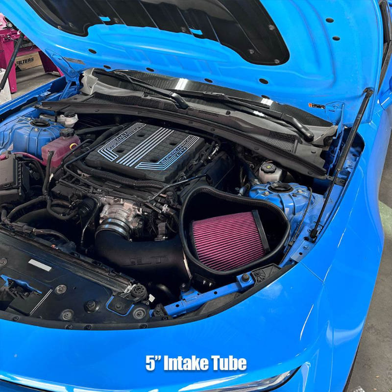 Blue car with open hood showing an SB Filters JLT Cold Air Intake for 2017-2024 Camaro ZL1 6.2L with a blurred background.