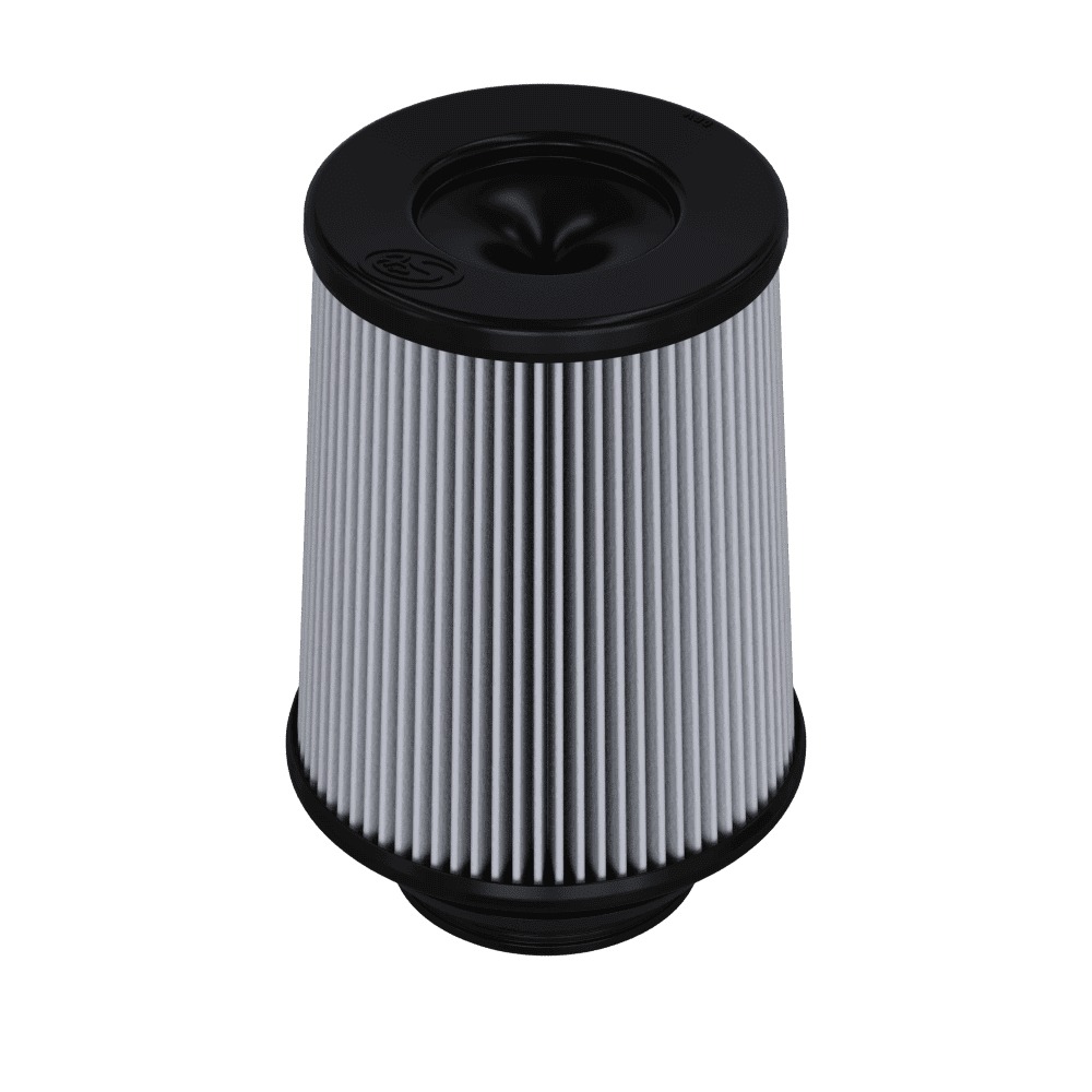 Dry Extendable S&B Intake Replacement Filter for 75-5085-1 with black top and bottom on a transparent background