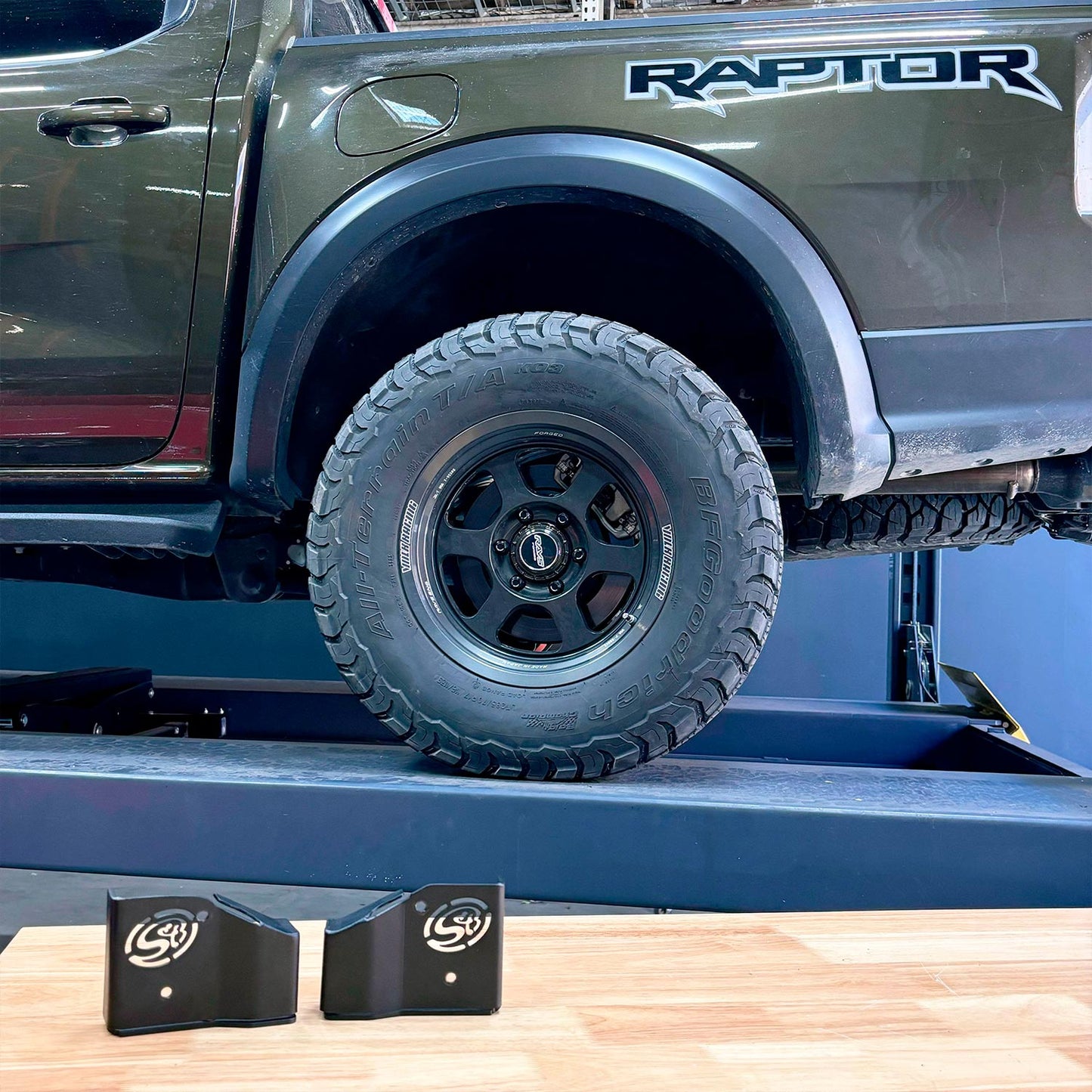 Trailing Arm Sensor Guards For 2024-2025 Ford Ranger Raptor 3.0L V6 in front of a truck - S&B