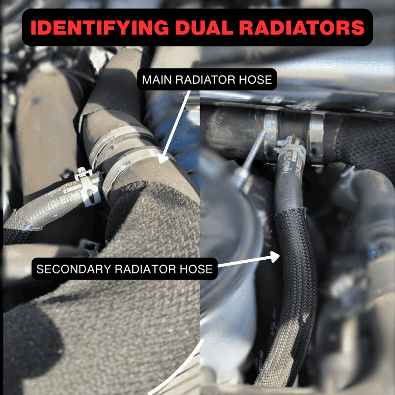 Illustration of dual radiator hoses with labels to identify each one on a mechanical background.