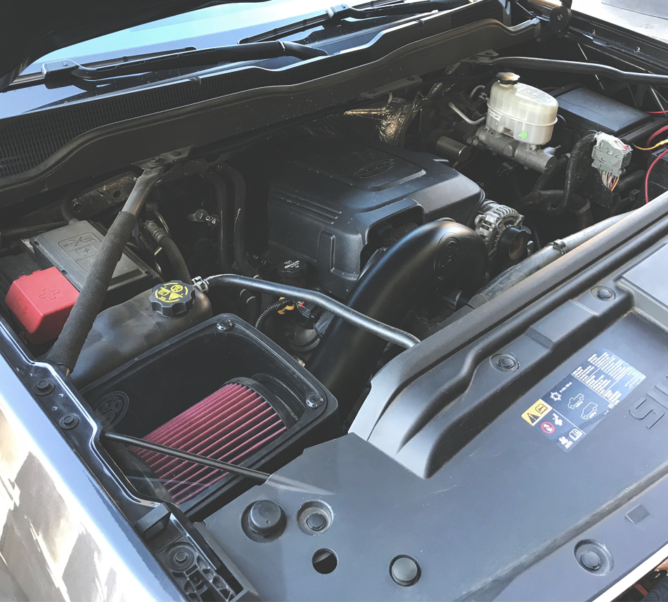 Cold Air Intake for 2016-2019 Silverado / Sierra 2500, 3500 6.0L installed in the engine compartment of a vehicle.
