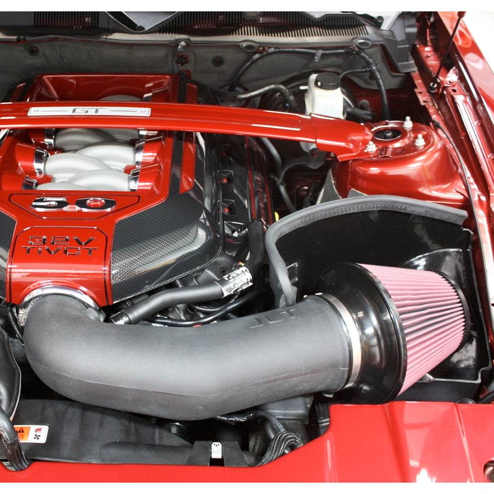 JLT Series II Cold Air Intake for 2011-2014 Mustang GT 5.0 / BOSS - S&B installed in the engine compartment of a vehicle
