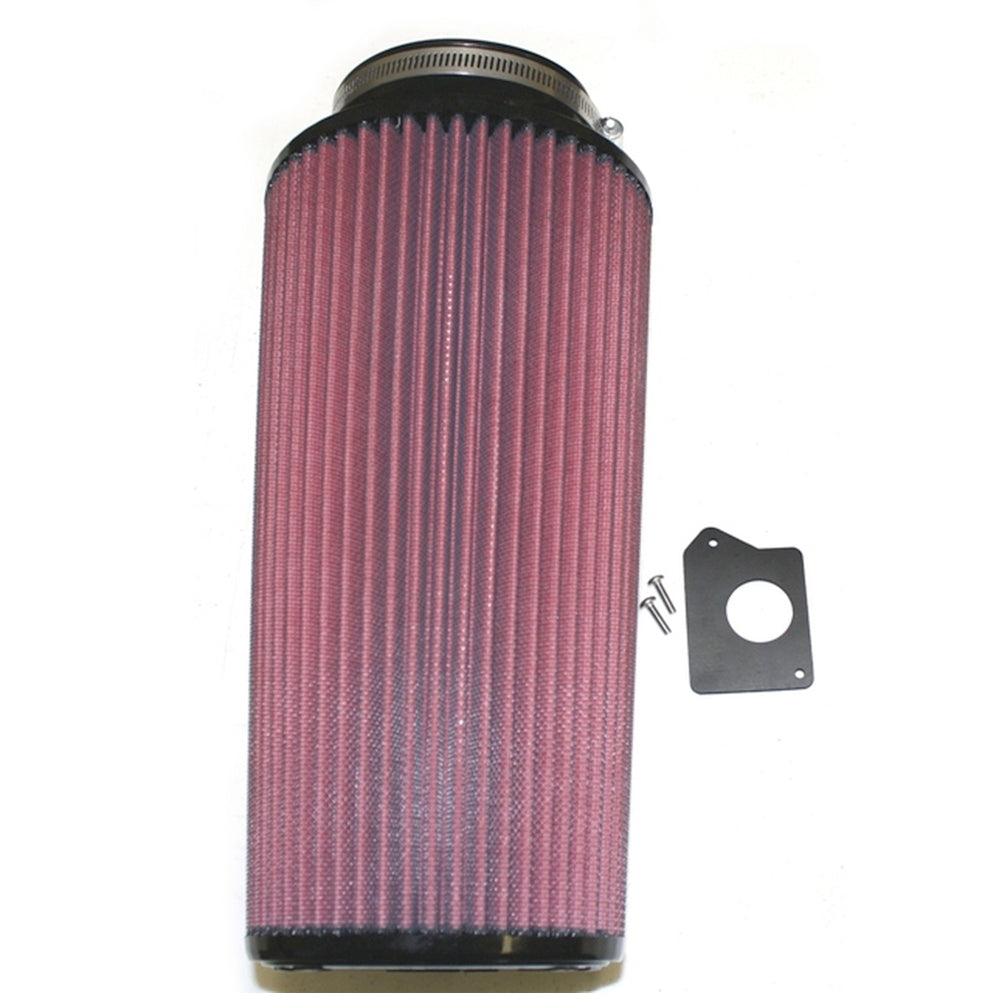 A red JLT Cold Air Intake to 12" High Boost Conversion Kit on a white background